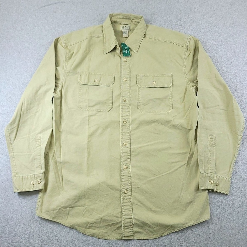 LL Bean Shirt Mens Large Tall Sandstone Beige Sunwashed Canvas Long Sleeve